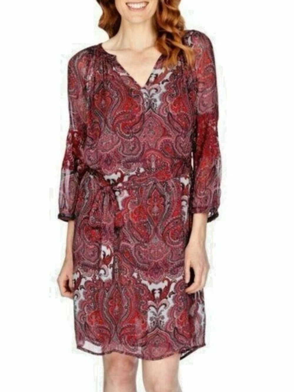 Lucky Brand Paisley Chiffon Dress & Slip S Boho Tie Waist Peasant Sleeve Mid